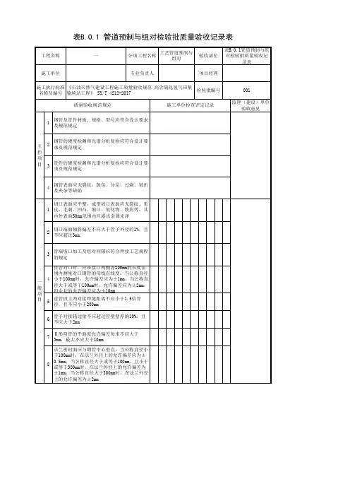 表B.0.1管道预制与组对检验批质量验收记录表