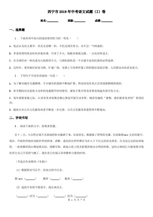 西宁市2019年中考语文试题(I)卷