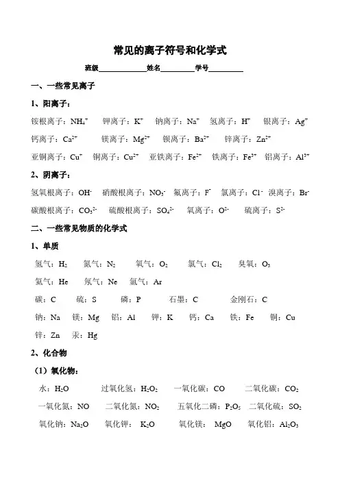 常见离子符和化学式