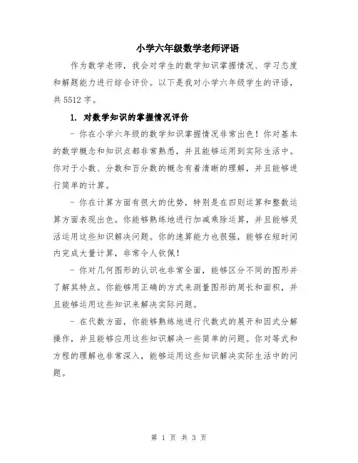小学六年级数学老师评语