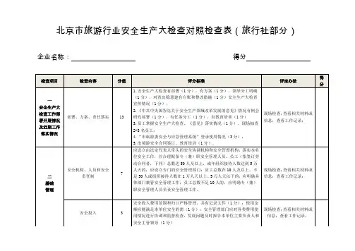 北京市旅游行业安全生产大检查对照检查表(旅行社部分)
