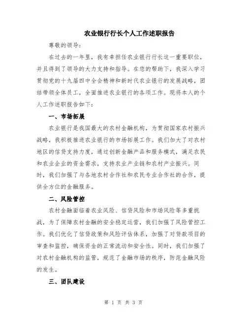 农业银行行长个人工作述职报告