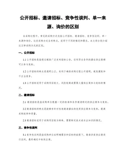 公开招标、邀请招标、竞争性谈判、单一来源、询价的区别