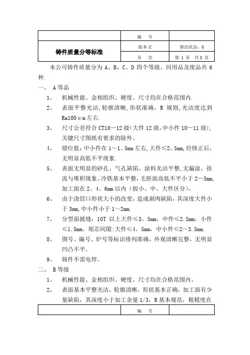 铸件质量分等标准