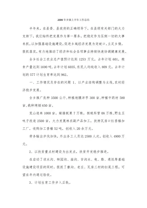 2006年乡镇上半年工作总结