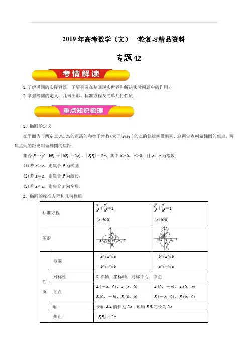 2019年高考数学(文)一轮复习精品资料：专题42椭圆(教学案)含解析