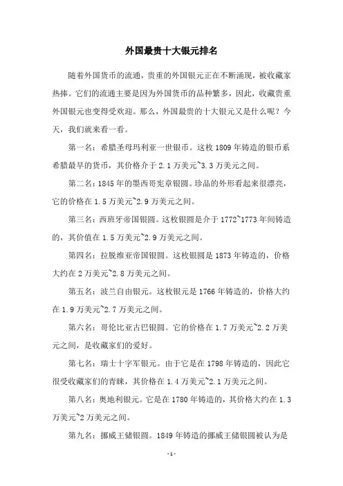 外国最贵十大银元排名