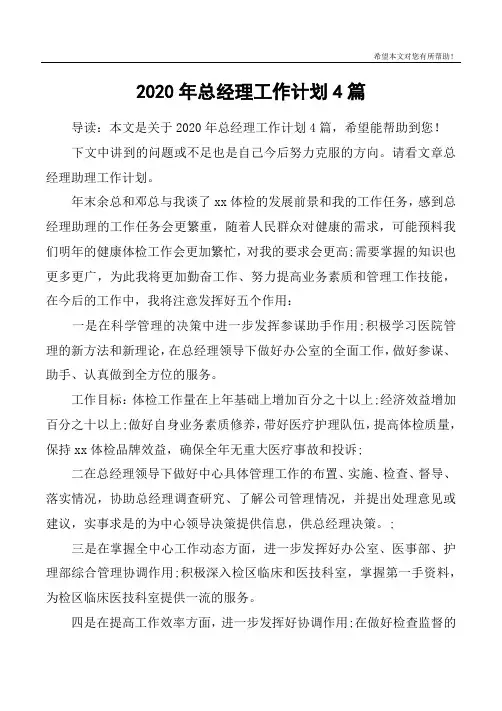 2020年总经理工作计划4篇