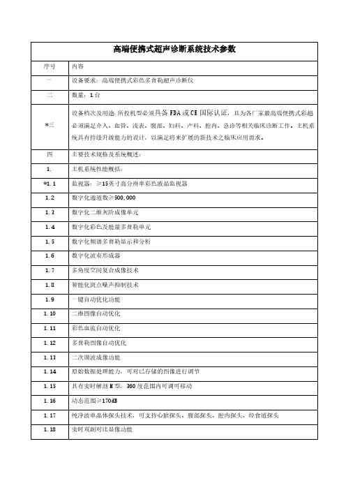 高端便携式超声诊断系统技术参数