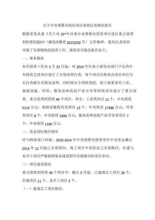 关于中央预算内投资项目清理自查情况报告