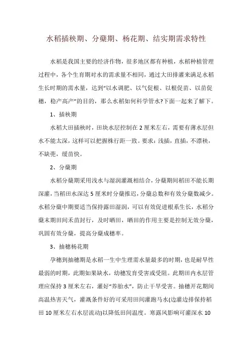 水稻插秧期、分蘖期、杨花期、结实期需求特性