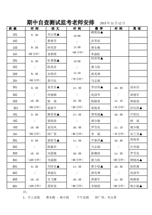 期中测试监考安排(2015、11)