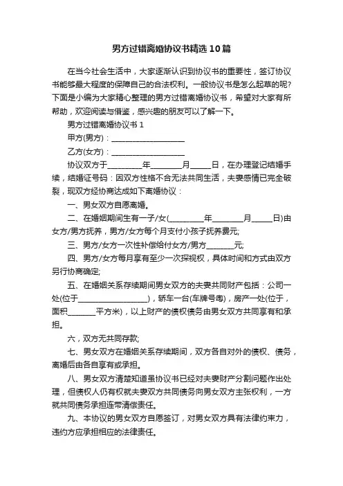 男方过错离婚协议书精选10篇