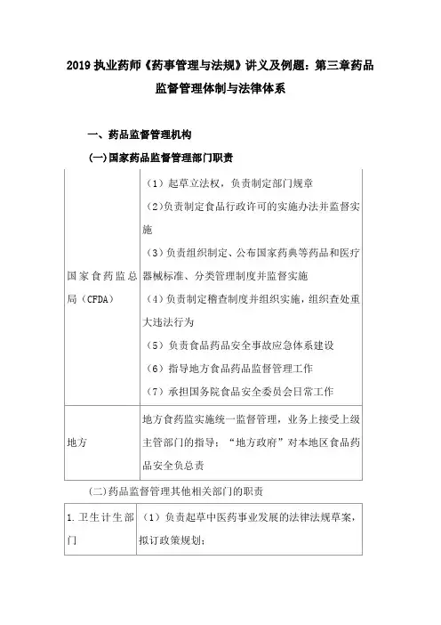 (精)2019执业药师《药事管理与法规》讲义及例题：第三章药品监督管理体制与法律体系