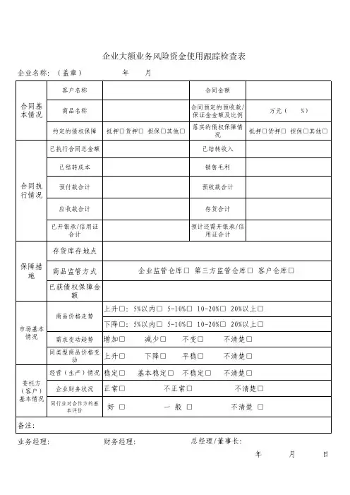 企业大额业务风险资金使用跟踪检查表