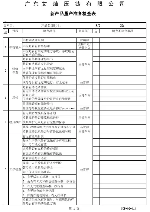 新产品量产准备检查表COP-02-41