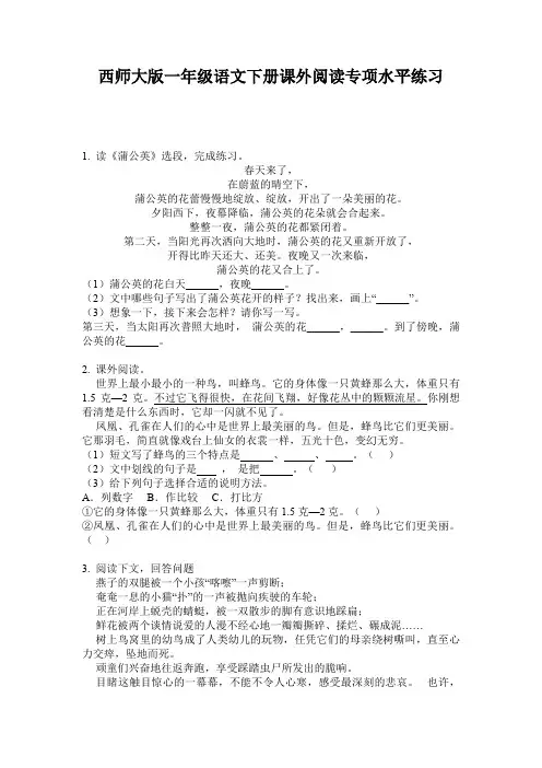 西师大版一年级语文下册课外阅读专项水平练习