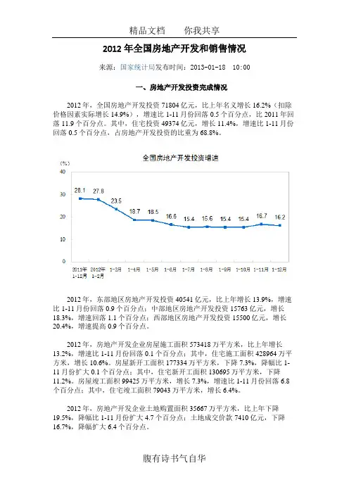 2012年全国房地产开发和销售情况