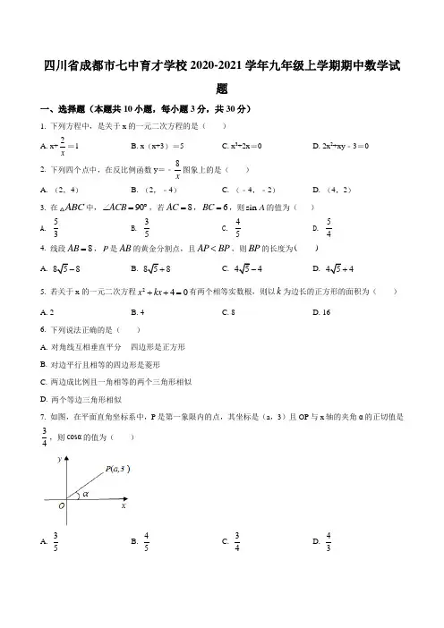四川省成都市七中育才学校2020-2021学年九年级上学期期中数学试题
