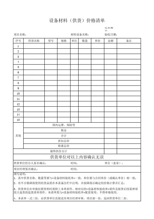 工程项目设备材料(供货)价格清单