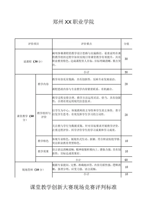 郑州XX职业学院课堂教学创新大赛现场竞赛评判标准(2024)