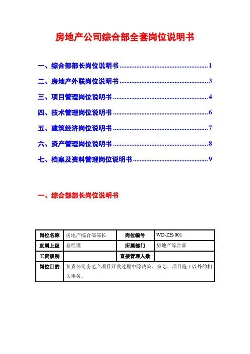 房地产公司综合部全套岗位说明书