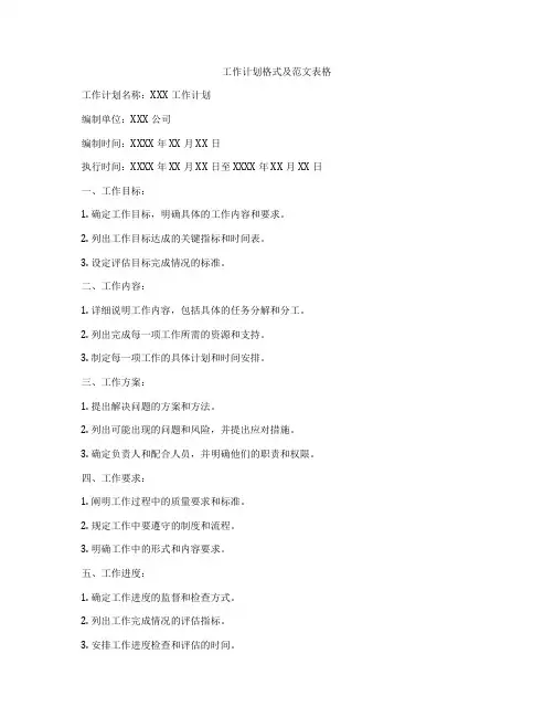 工作计划格式及范文表格