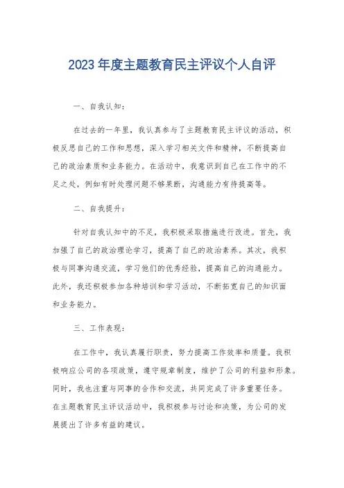 2023年度主题教育民主评议个人自评