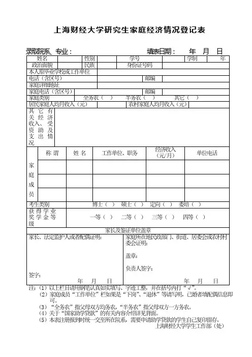 上海财经大学家庭经济情况登记表