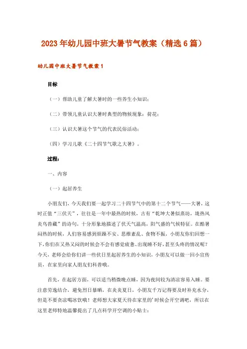2023年幼儿园中班大暑节气教案(精选6篇)