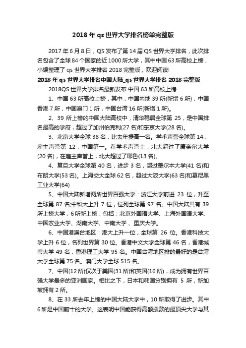2018年qs世界大学排名榜单完整版