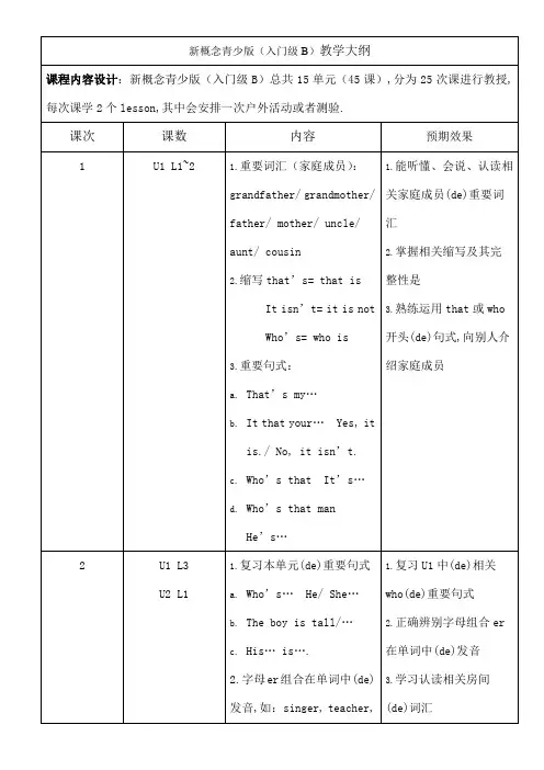 新概念青少版入门级B教学大纲