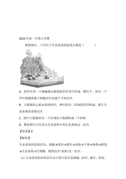 高一生物上学期网络考试试卷(2023年揭阳市)