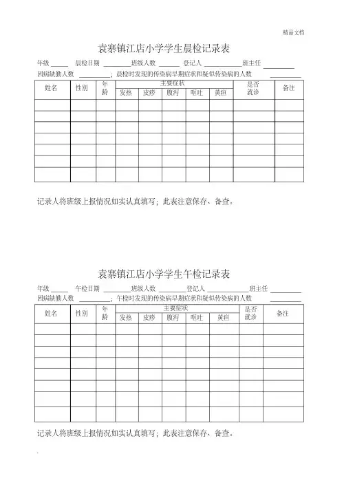小学学生晨午检记录表模板
