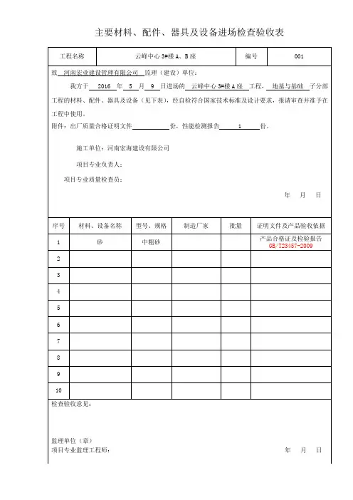 电气-主要材料、配件、器具及设备进场检查验收表