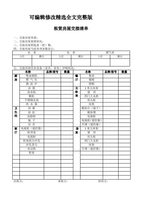 租赁房屋交接清单精选全文完整版