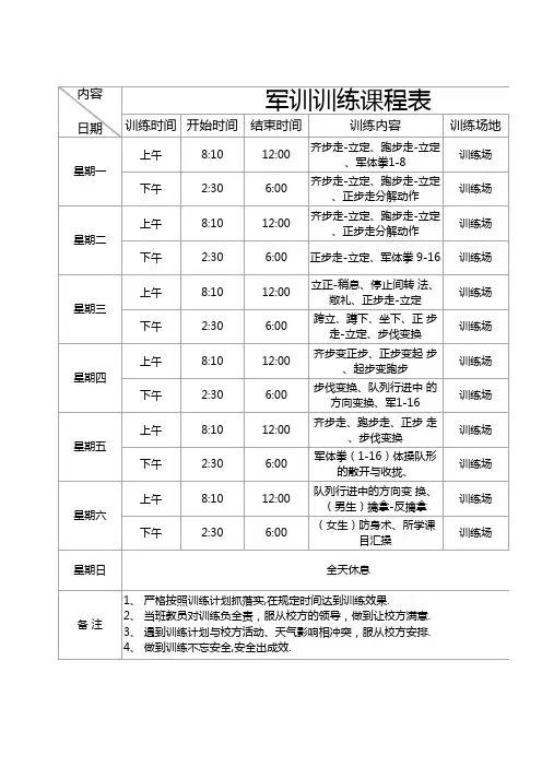 军训训练课程表
