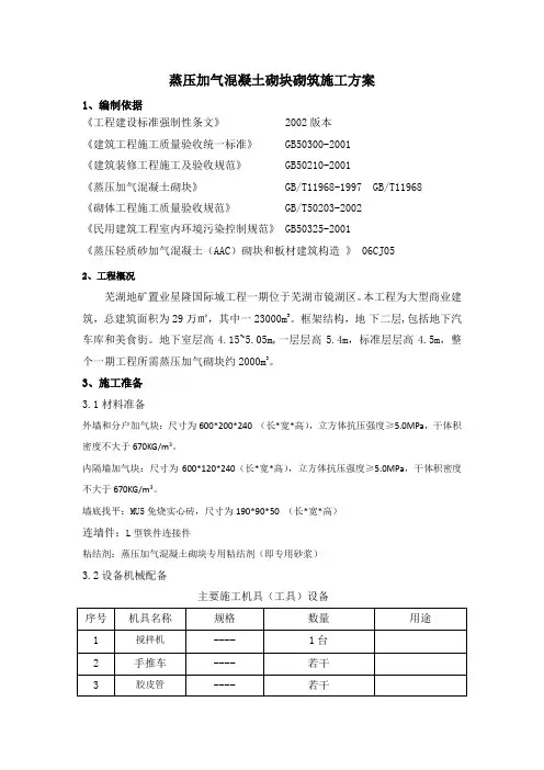 蒸压加气混凝土砌筑施工方案
