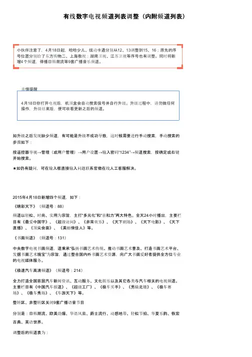 有线数字电视频道列表调整（内附频道列表）