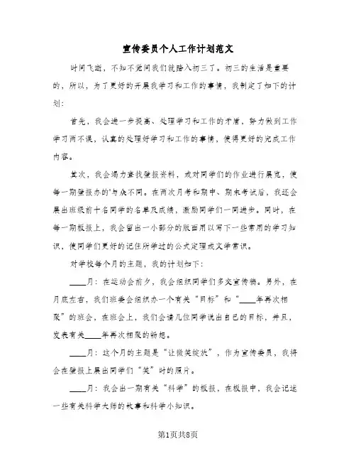 宣传委员个人工作计划范文（四篇）