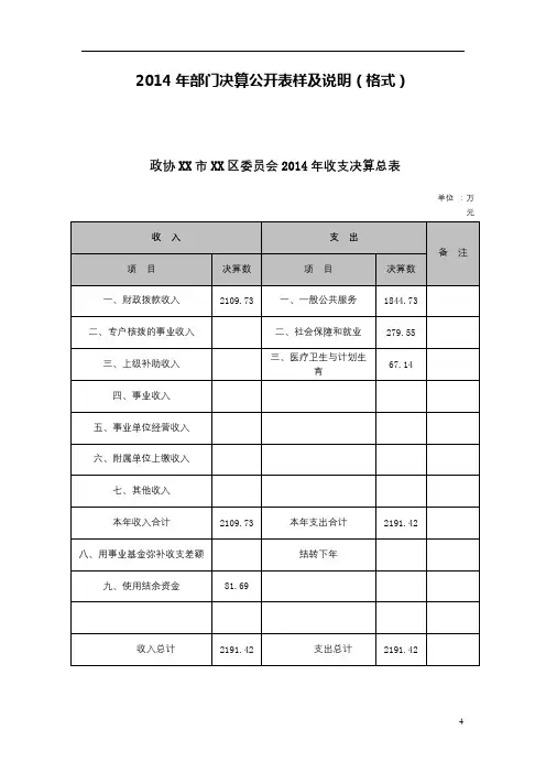 2014年部门决算公开表样及说明【模板】