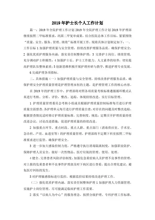 工作计划-2019年护士长个人工作计划 精品