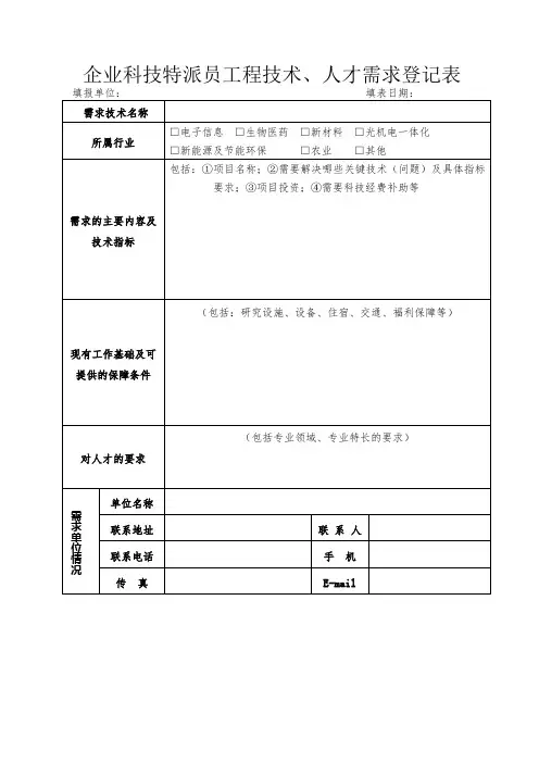 企业科技特派员工程技术、人才需求登记表