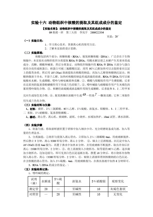 实验十六：动物组织中核酸的提取及其组成成分的鉴定  实验报告