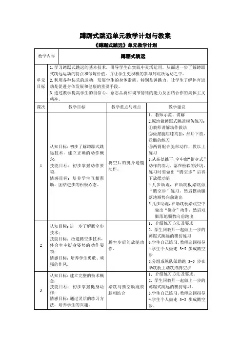 蹲踞式跳远单元教学计划与教案