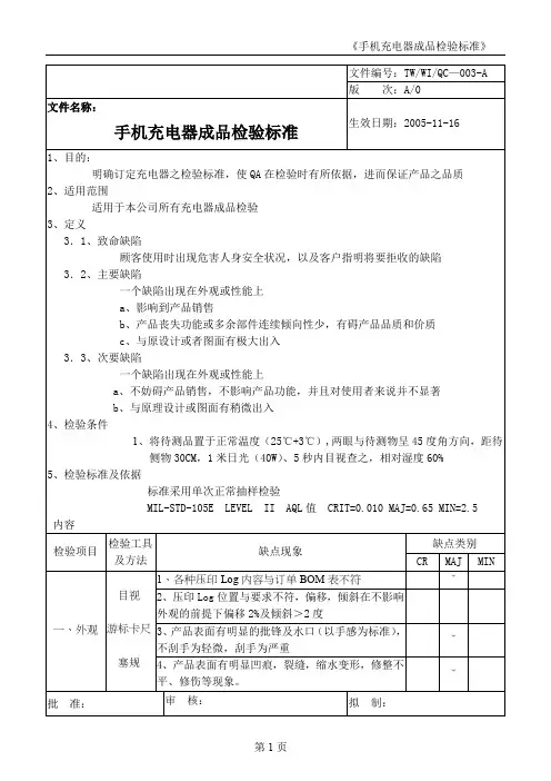 充电器成品检验标准