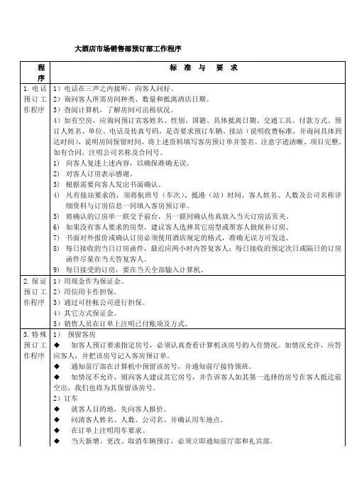 大酒店市场销售部预订部工作程序