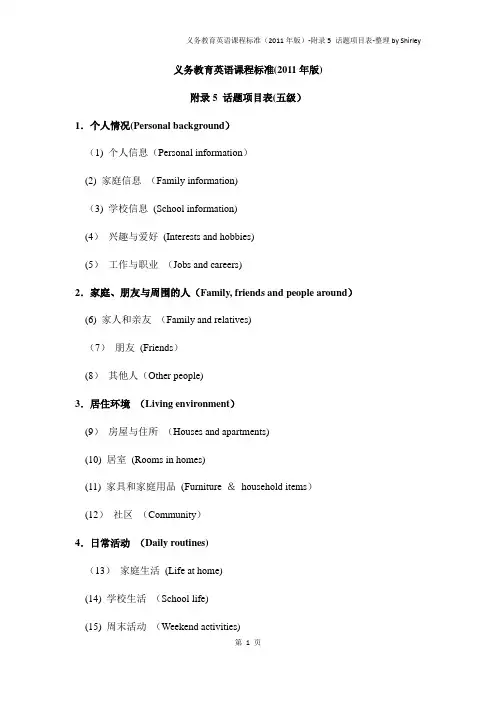 义务教育英语课程标准(2011年版)-附录5 话题项目表