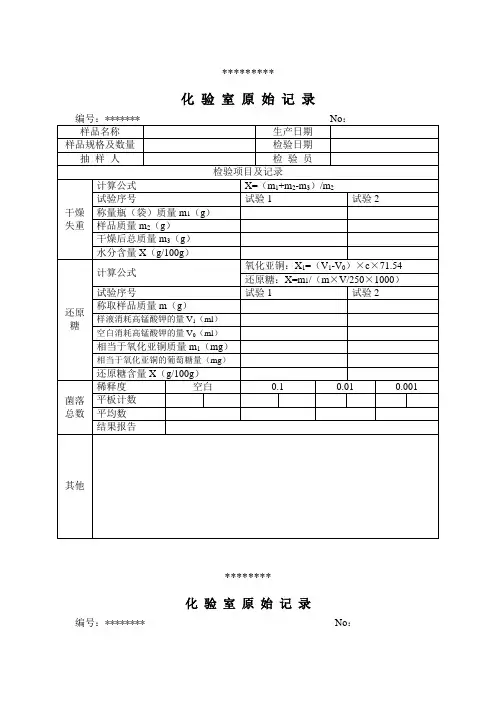 化验室检验记录表(表格模板、DOC格式)
