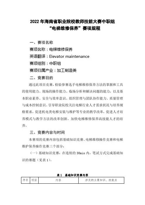 2022年海南省职业院校教师技能大赛中职组  “电梯维修保养”赛项规程